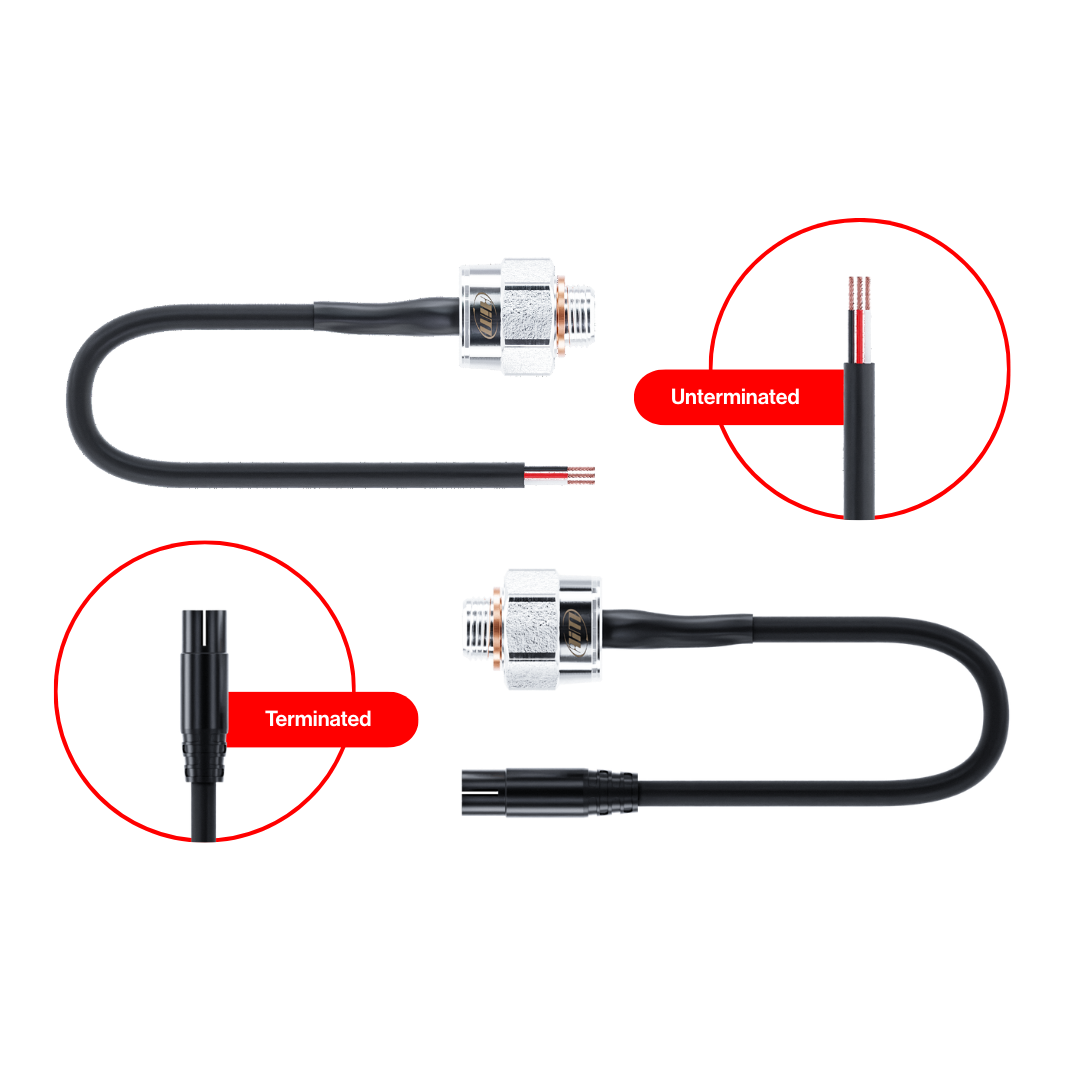 The Aim brake, oil, fuel and water pressure sensor is available with terminated and unterminated connectors for compatibility with external manufacturers