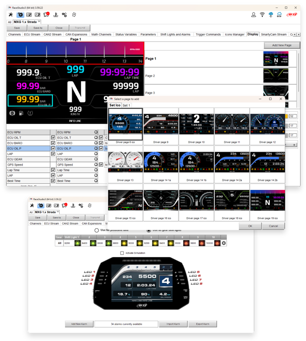 Data from Race Studio 3 showing the configurable dash displays.