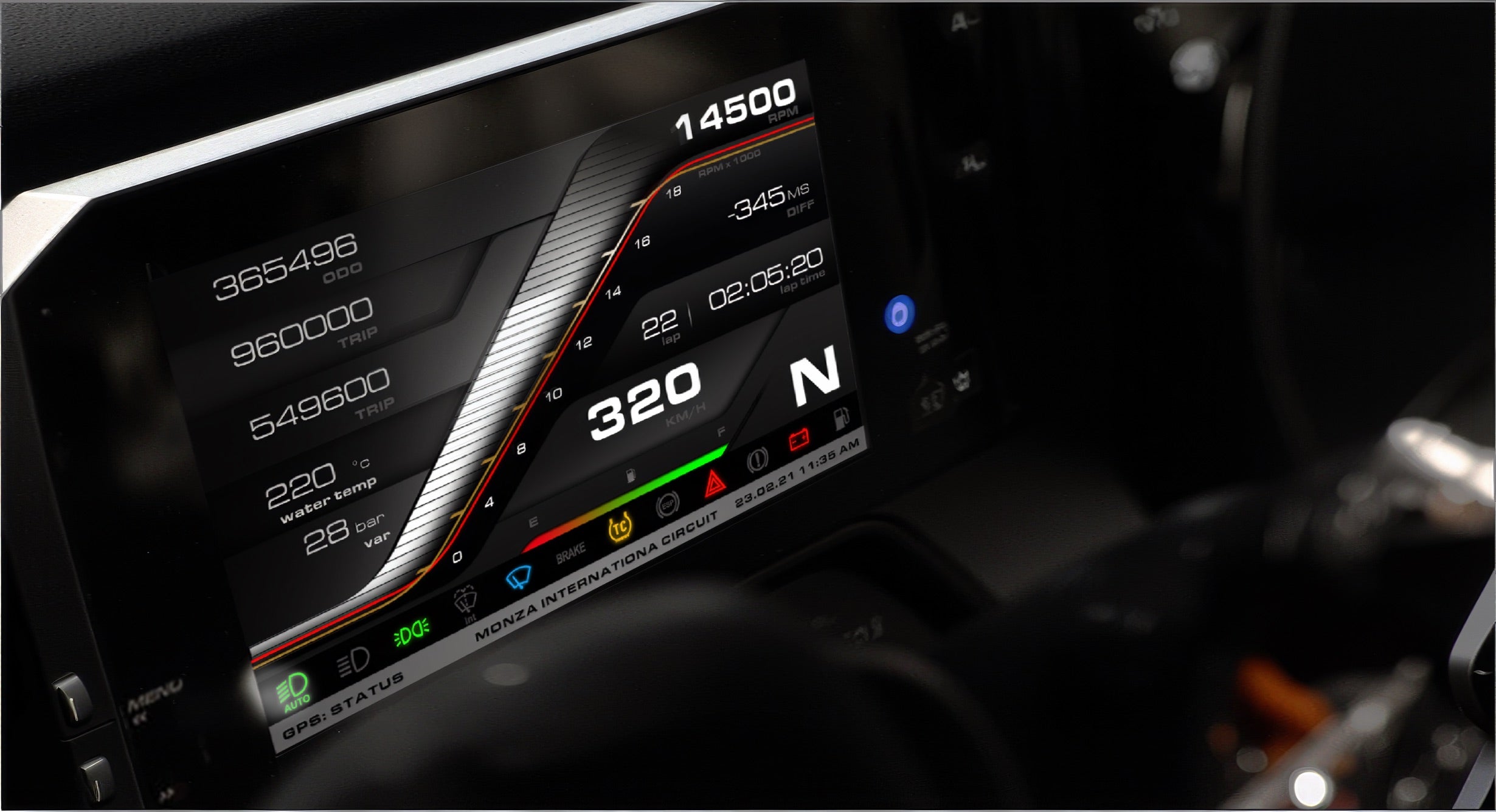 The MXP Car Dash Display & Data Logger on a cockpit installation