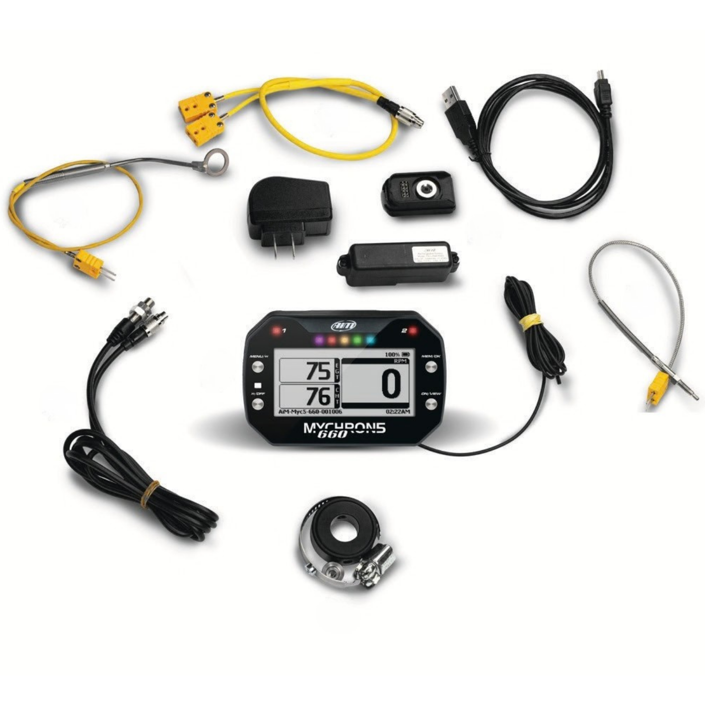 MyChron5 660 Kit with Cylinder Head Temperature Sensor, Exhaust Gas Temperature Thermocouple, a phonic wheel Speed Sensor, and more