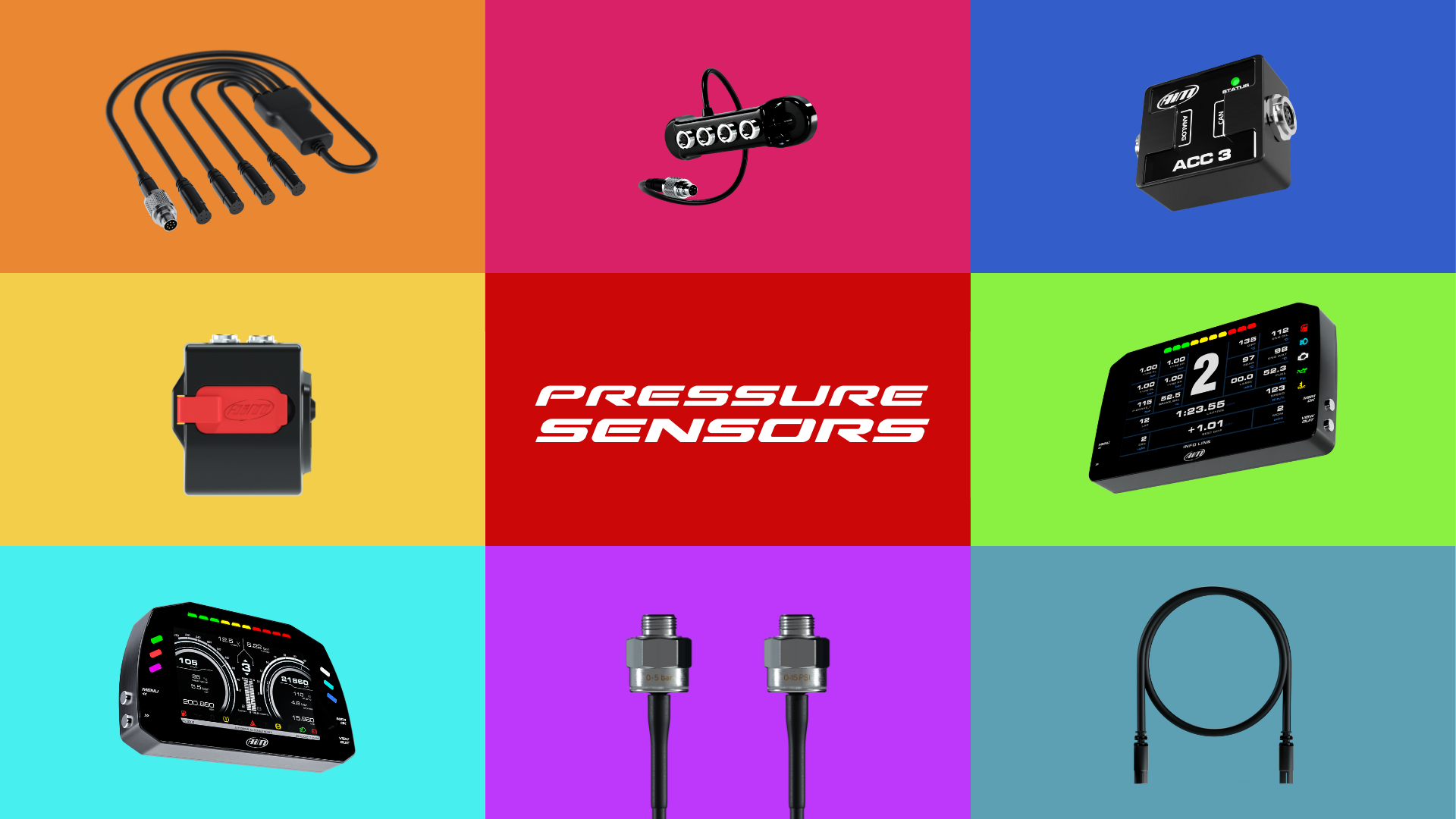 The Aim brake, oil, fuel and water pressure sensor is expandable with ACC3, Aim displays and display loggers, XLog, Data Hub and more