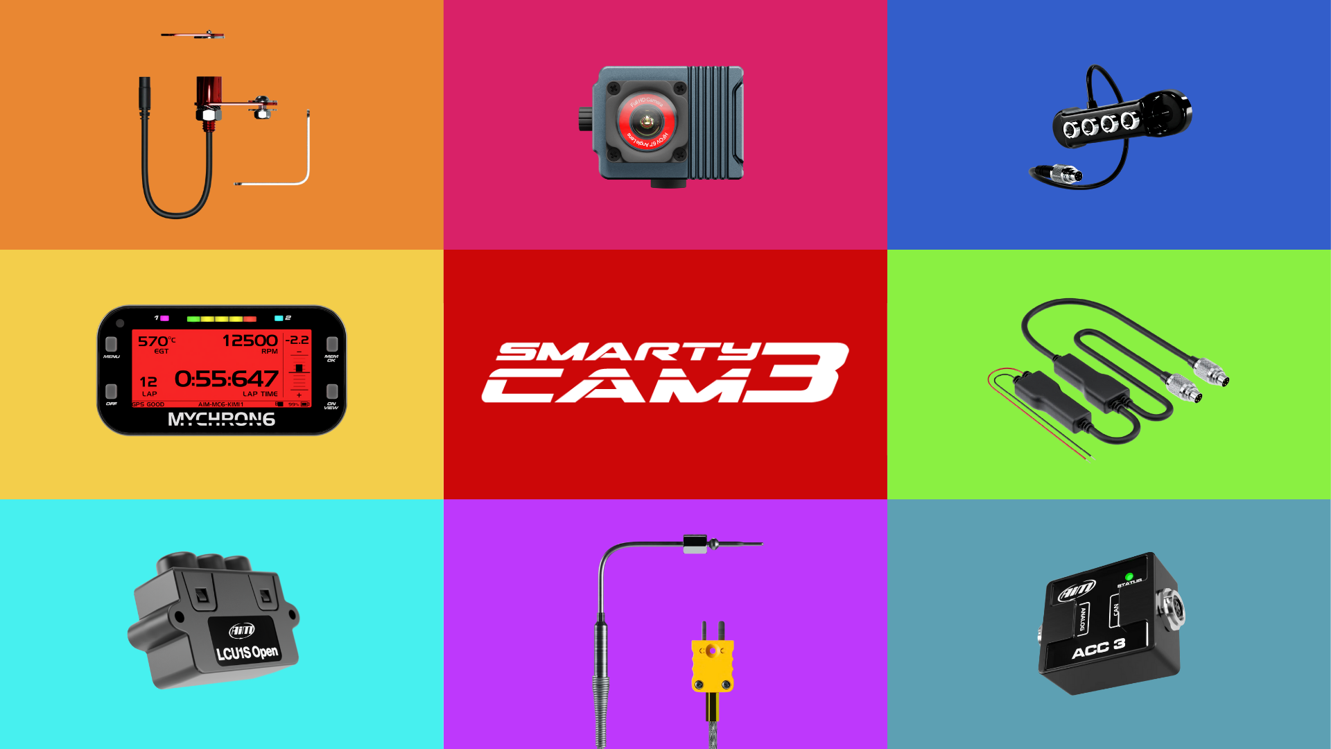 Expand your SmartyCam 3 Sport kart camera with a MyChron 6 Lap Timer, LCU-One S Lambda Controller, ACC3, Data Hub and sensors