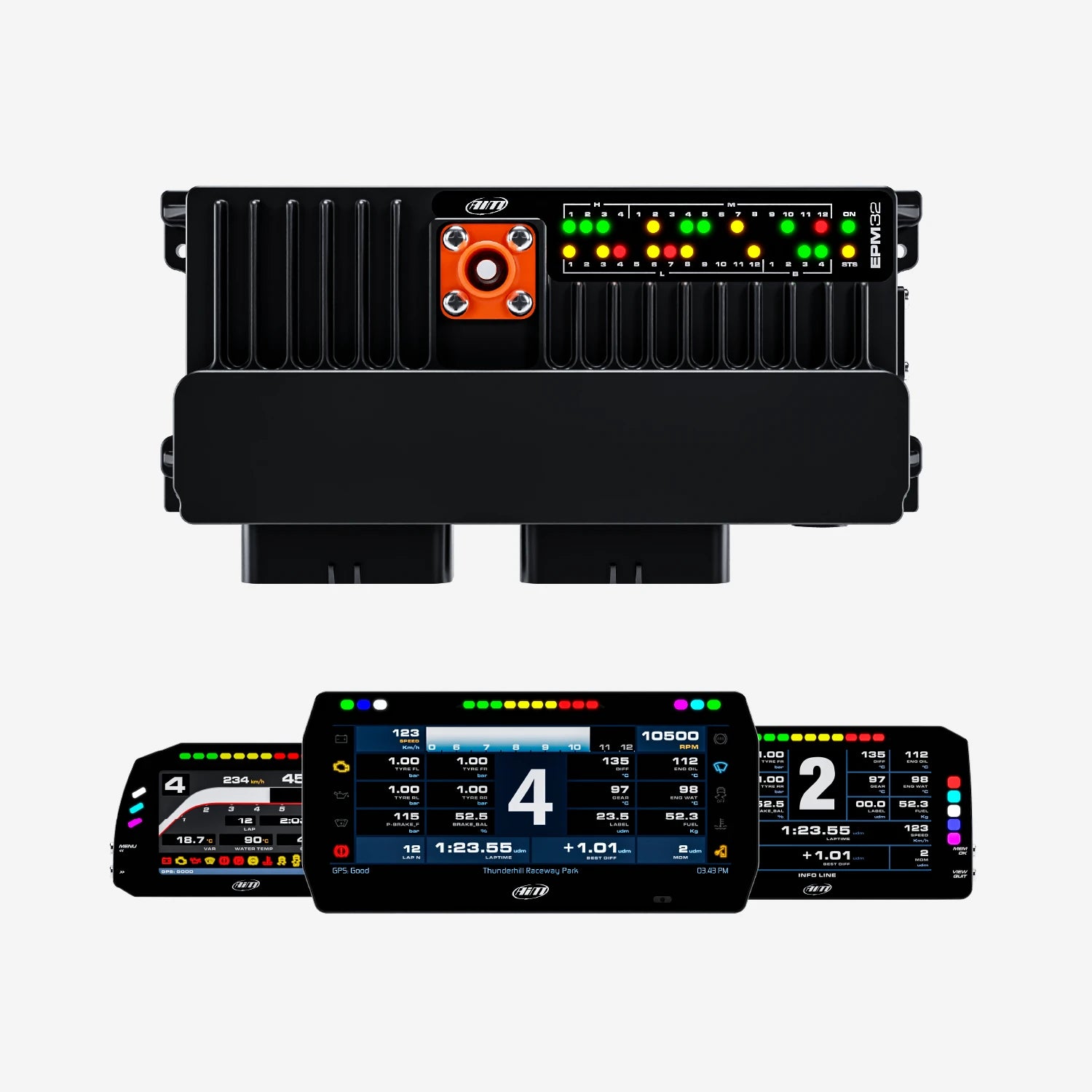 PDM32 kit with 5-inch, 6-inch & 10-inch displays with race icons