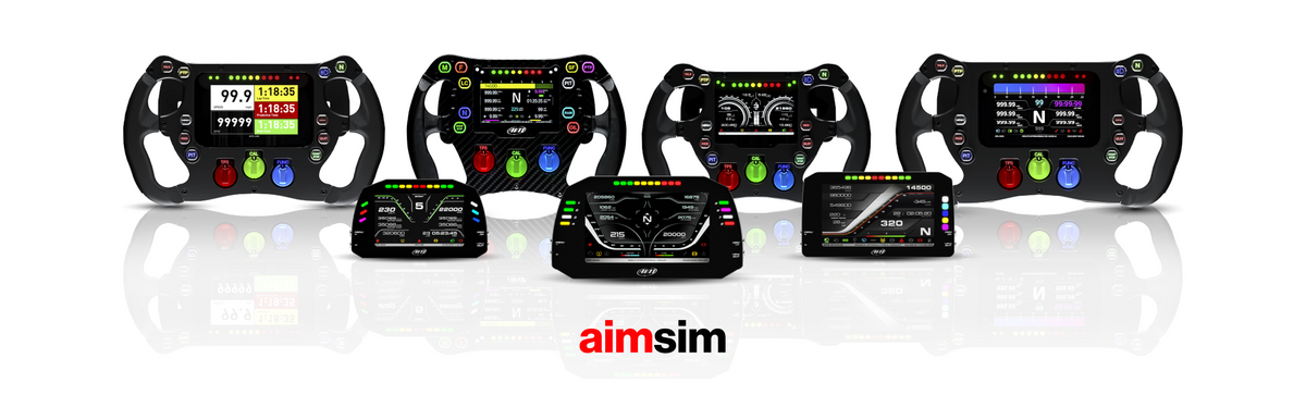 Aim sim racing product range, including steering wheels and dash displays